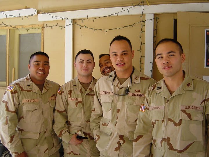 Peter J. Santos, far right, with fellow soldiers — two of them share the name Santos